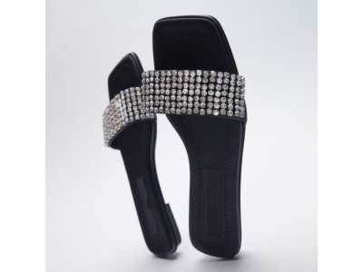 Square toed open heeled flat slippers for outer wear New word belt Rhinestone flat sandals