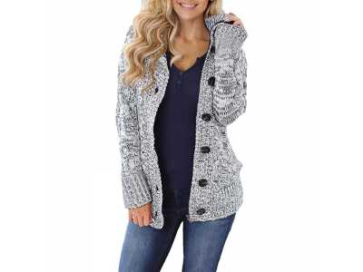 Sidefeel Women Hooded Knit Cardigans Button Cable Sweater Coat