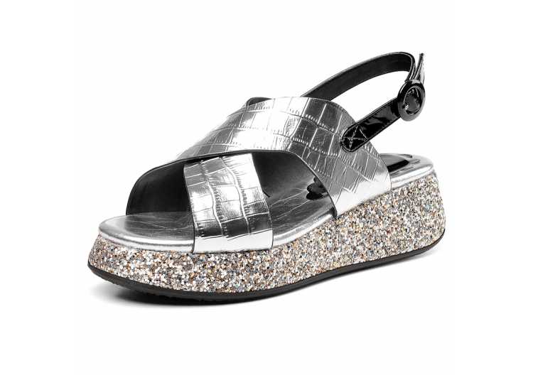 Silver Genuine Leather Sequins Flat Platform Sandals Women Summer Casual Shoes Ladies Sandales Femmes 2021 Sandalias Mujer
